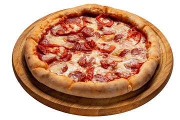 Delicious pizza served on wooden plate isolated on white