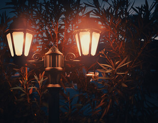 Nostalgic street lights shining through oleaguum trees at night