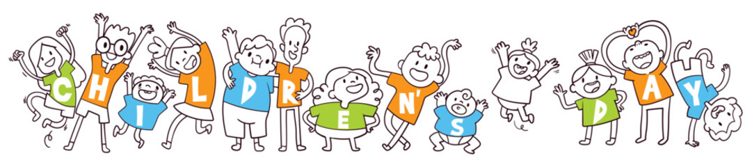 A group of kids with the words on their T-shirts - International Children's Day. Template for children design. Colorful cartoon characters. Funny vector illustration. Isolated on white background