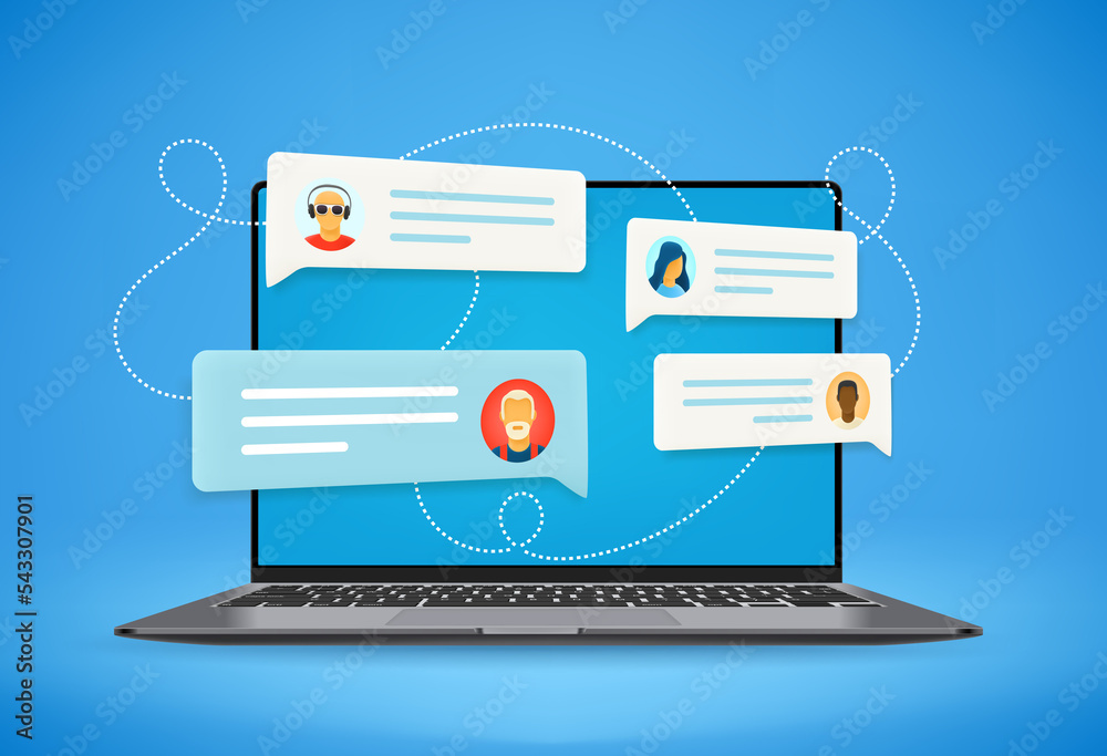 Poster Modern computer with social media communication clouds. 3d vector illustration 
