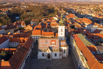 St. Mark's Church in Zagreb, Croatia. Beautiful Roof of the Church and Sunset Light.