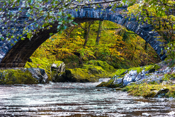 Autumn river and bridge, Wales, United Kingdom