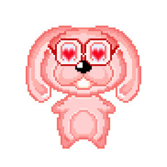 Pixel pink rabbit. Pixel icon. Cartoon beautiful bunny with glasses. Bunny in love.