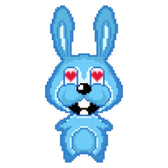 Pixel blue rabbit. Pixel icon. Cartoon beautiful bunny. Bunny in love.