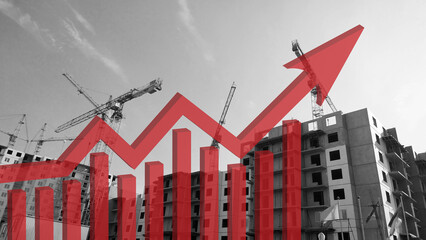 Red growing up large transparent 3d arrow on construction site monochrome background. Bar chart and...