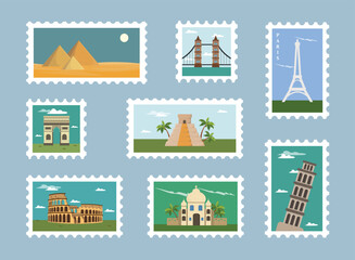 Set of colorful stamps in cartoon style. Vector illustration of postage stamps with different ancient buildings and structures from different parts of the world on a blue background.