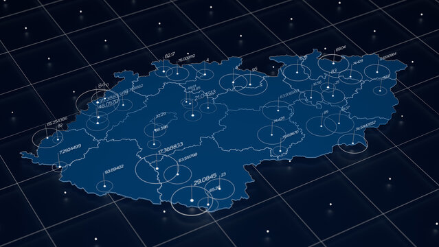 Czechia blue map big data visualization. Futuristic map infographic. Information aesthetics. Visual data complexity. Complex Czechia data graphic visualization. 3d render illustration
