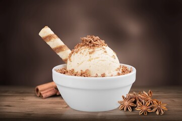 Traditional tasty ice cream dessert in a bowl.