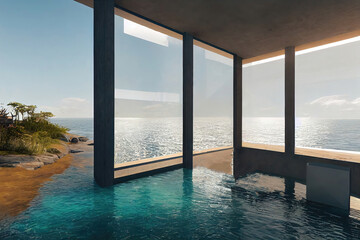 Fototapeta na wymiar Modern architecture made of concrete on the sea. Marine minimalist landscape. House by the sea.