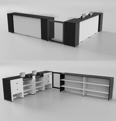 reception desk in L, 3d rendering modeling, for two places and drawers, mesh door, black and white color