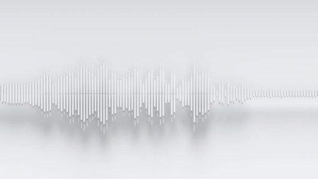Audio wavefrom white bars with shadow on white background. Abstract music waves oscillation. Synthetic music technology sample. Tune print.