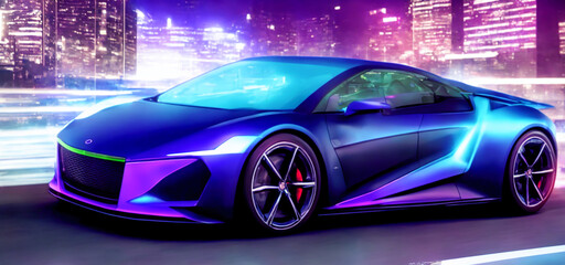 Futuristicc concept sport car in a metaverse city. Neon glowing. 3d