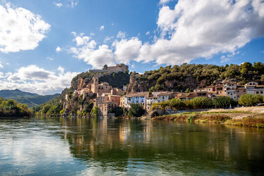 Miravet Castle in Catalonia, Tarragona province in Spain. with a view of the Ebro river next to the medieval town of Miravet