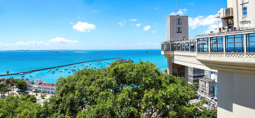 Panoramic view of Elevador Lacerda and the bay of all saints (Baia de Todos os Santos) in Salvador,...