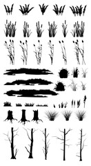 Set of swamp grass, reed shoots, reeds and coastal thickets. Fern, tree trunks and rotten stumps. Swamp landscape. View of the river bank. Silhouette picture. Isolated on white background. Vector. - obrazy, fototapety, plakaty