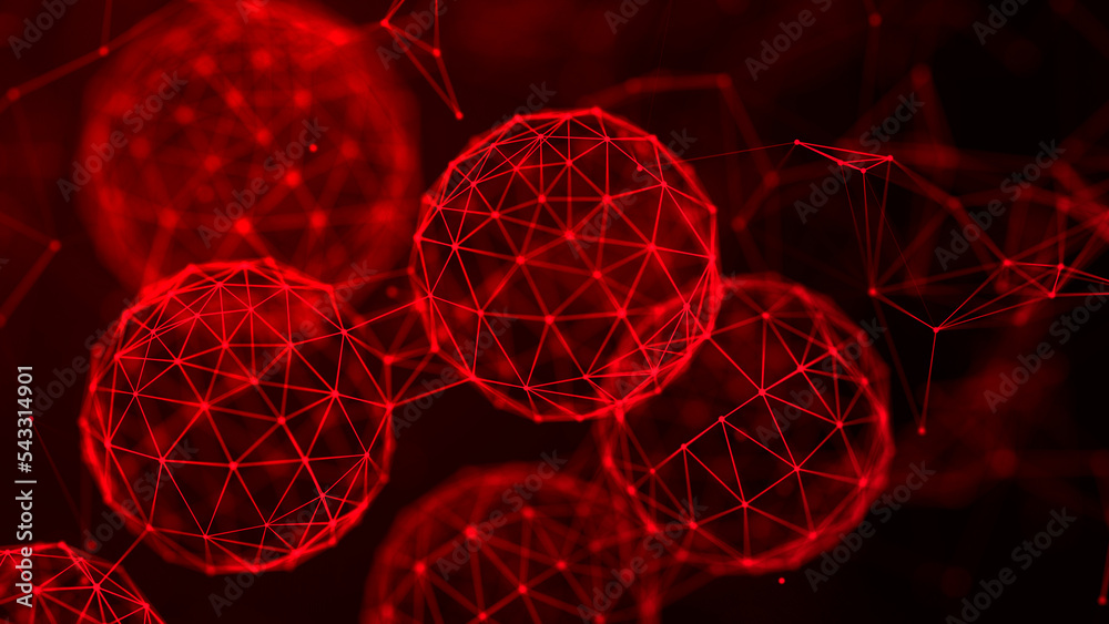Poster Abstract spheres with connected dots and lines. Illustration with elements of viruses, bacteria on a dark background. 3d