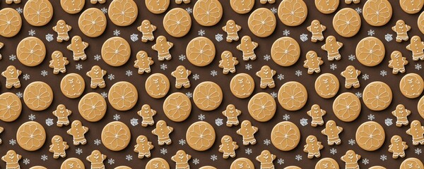 Seamless pattern with mr cookie gingerbread and orange shaped cookie.Brown Christmas backdrop. Christmas banner wallpaper or pattern for wrapping paper. Xmas cookie texture
