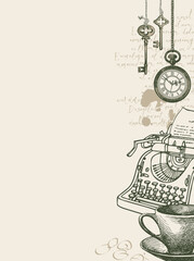 Vector banner on writers theme with sketches and place for text. Writer workspace. Vintage illustration with hand-drawn typewriter, cup of coffee, vintage clock, keys and unreadable handwritten notes