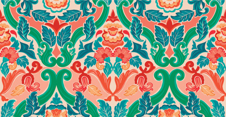 colorful damask pattern with vintage tapestry motifs, perfect for fabrics and decoration