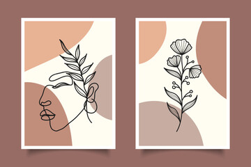 simple woman line art and floral portraits continuous line decoration