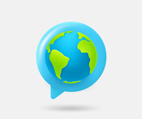 Speech cloud with the Earth. World communication concept. 3d vector isolated illustration