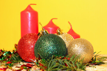 Fototapeta na wymiar Christmas and New Year, Christmas tree candle and Christmas decorations