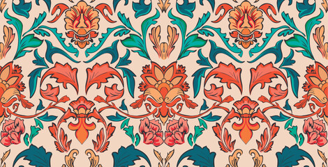 colorful damask pattern with vintage tapestry motifs, perfect for fabrics and decoration