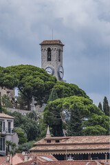 Suquet hill with The Castre Castle (Chateau de la Castre, built in 11th century) at the top which dominates the city and the bay of Cannes. Cannes, France.