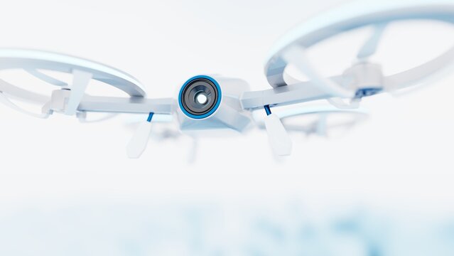 Powerful white drone loaded with some of blue light, advanced imaging and flight technologies under white-blue background. Concept 3D CG of lifesaving and unmanned cargo transportation.