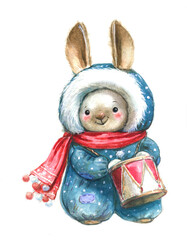 Watercolor illustration of the symbol of 2023 Christmas Bunny in winter clothes with a drum