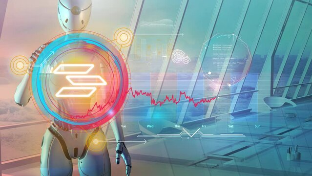 Robot and cryptocurrency panel with infographics, 3D render.