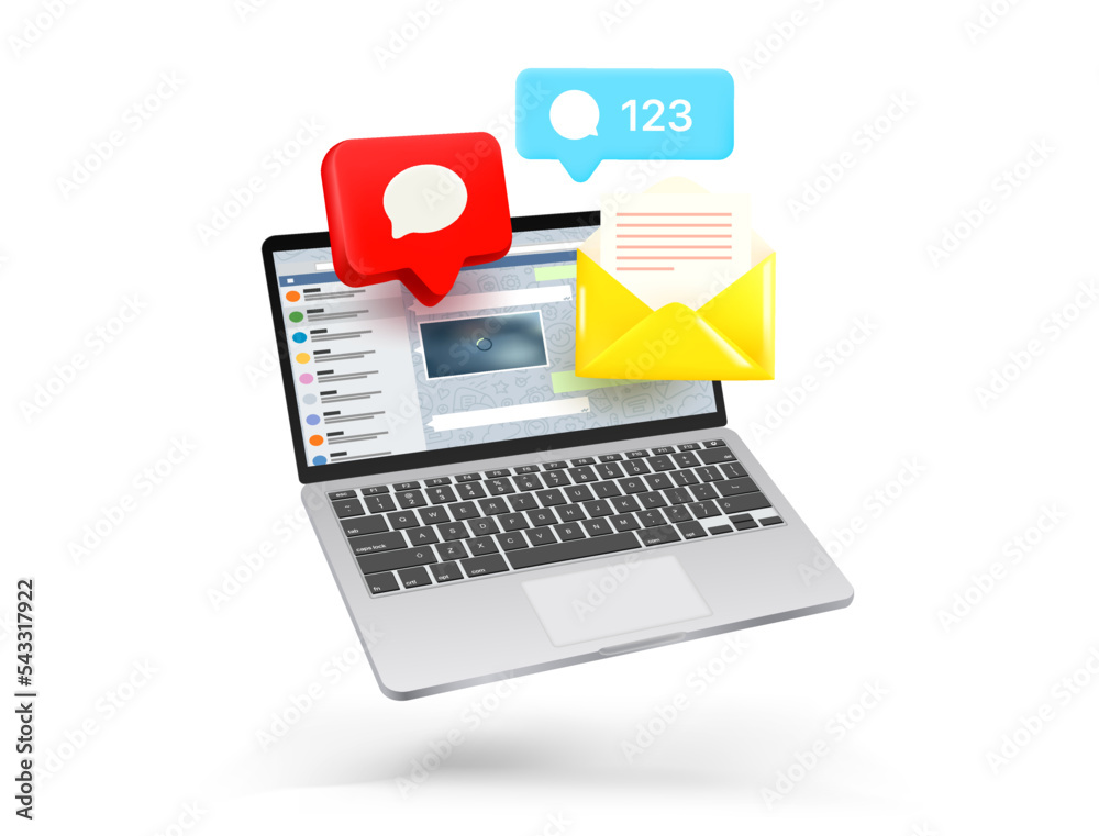 Poster laptop with app icons. 3d vector banner 