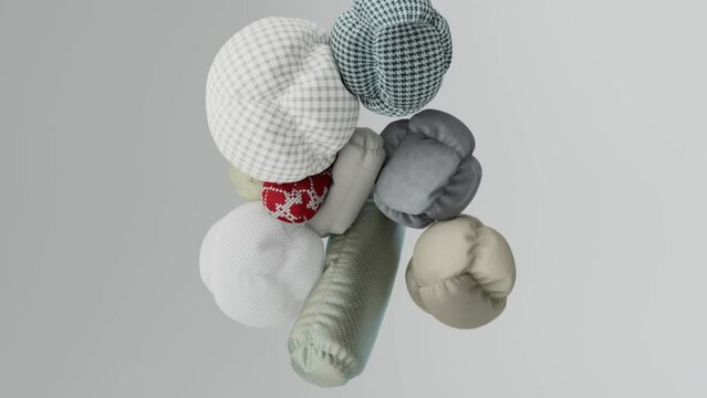 Satisfying animation of free floating pillows colliding with each other. 4K CGI animation