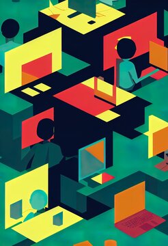 This colorful illustration shows the young developers building a program using the Python programming language