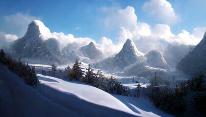 Amazing mountain winter scenery. Winter panoramic landscape with snow, mountains and snowdrifts. Magical winter. AI illustration, fantasy painting, digital art, artificial intelligence artwork
