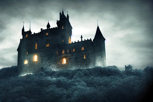 Castle on a hill. Dark, mysterious castle with lights in the windows, dark mystic atmosphere. Spooky, horror picture. AI illustration, fantasy painting, digital art, artificial intelligence artwork
