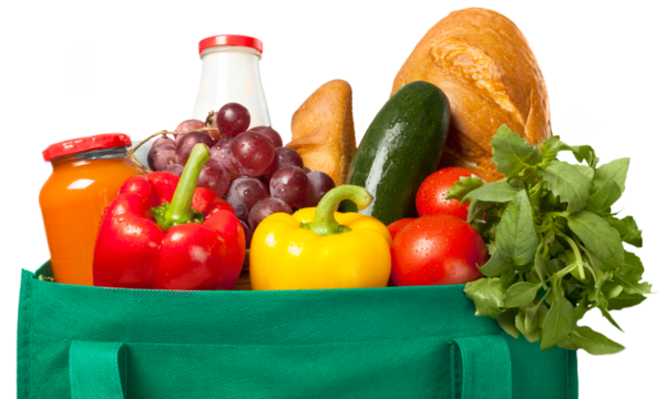 Reusable shopping bag full of groceries
