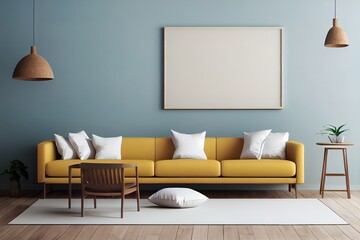 Living room interior mockup in wabi sabi style with low sofa, jute rug and dried grass decoration on empty warm neutral wall background. 3d rendering, illustration.