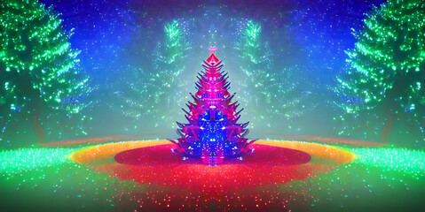 Ilustración digital de un árbol de Navidad en un bosque de fantasía lleno de luces y colores.