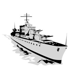 Illustration of a World War Two Fletcher Class torpedo boat destroyer or tin can at sea viewed from front on isolated background done in retro style.