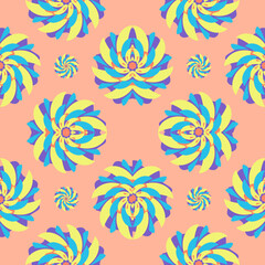 Seamless pattern with colorful flower, yellow blue purple and orange, on orange background for decoration.