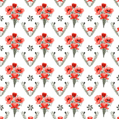 Watercolor seamless floral pattern with red poppy flowers on a white background.