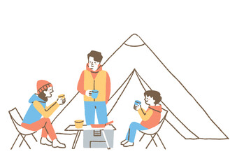 キャンプをしている3人家族_色