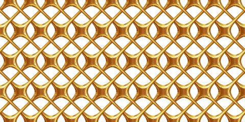 Seamless gold interlocking chain netting or wire mesh pattern isolated on transparent background. Tileable realistic shiny golden lattice chainmail armor jewelry texture backdrop 3D rendering..