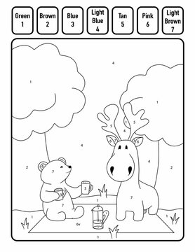 Bear and Moose have French Press Coffee Color By Number Coloring Activity Worksheet for Chlidren Ages 4-7