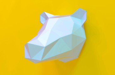 Polygonal origami bear head hanging on the wall. 3D Rendering. Artist canvas art collection for decoration and interior.