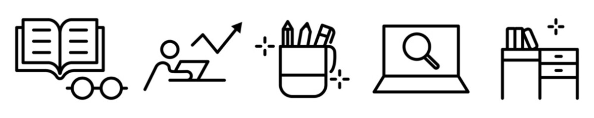 Conjunto de iconos de espacio de trabajo. Pasatiempo, entretenimiento, lectura, diseño, dispositivo electrónico. Ilustración vectorial