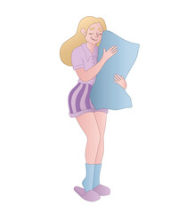 Sleepy woman in pajamas and with pillow on white background