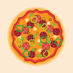 illustration of pizza with various toppings of beef, tomatoes, onions, mushrooms and peppers