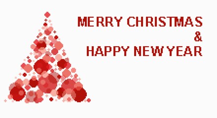 Fototapeta na wymiar Christmas and new year greeting cards in pixel art, with artistic red christmas tree and white background